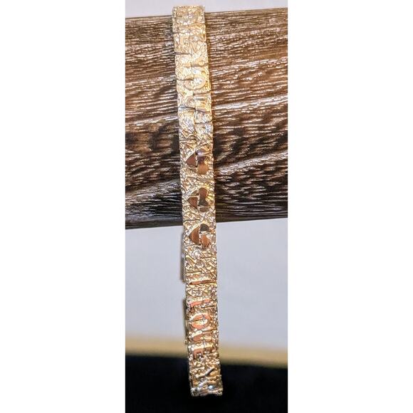Vintage Silver Tone Silver Nugget 'I Love You' Bracelet W/ Fold Over Clasp - Picture 2 of 8
